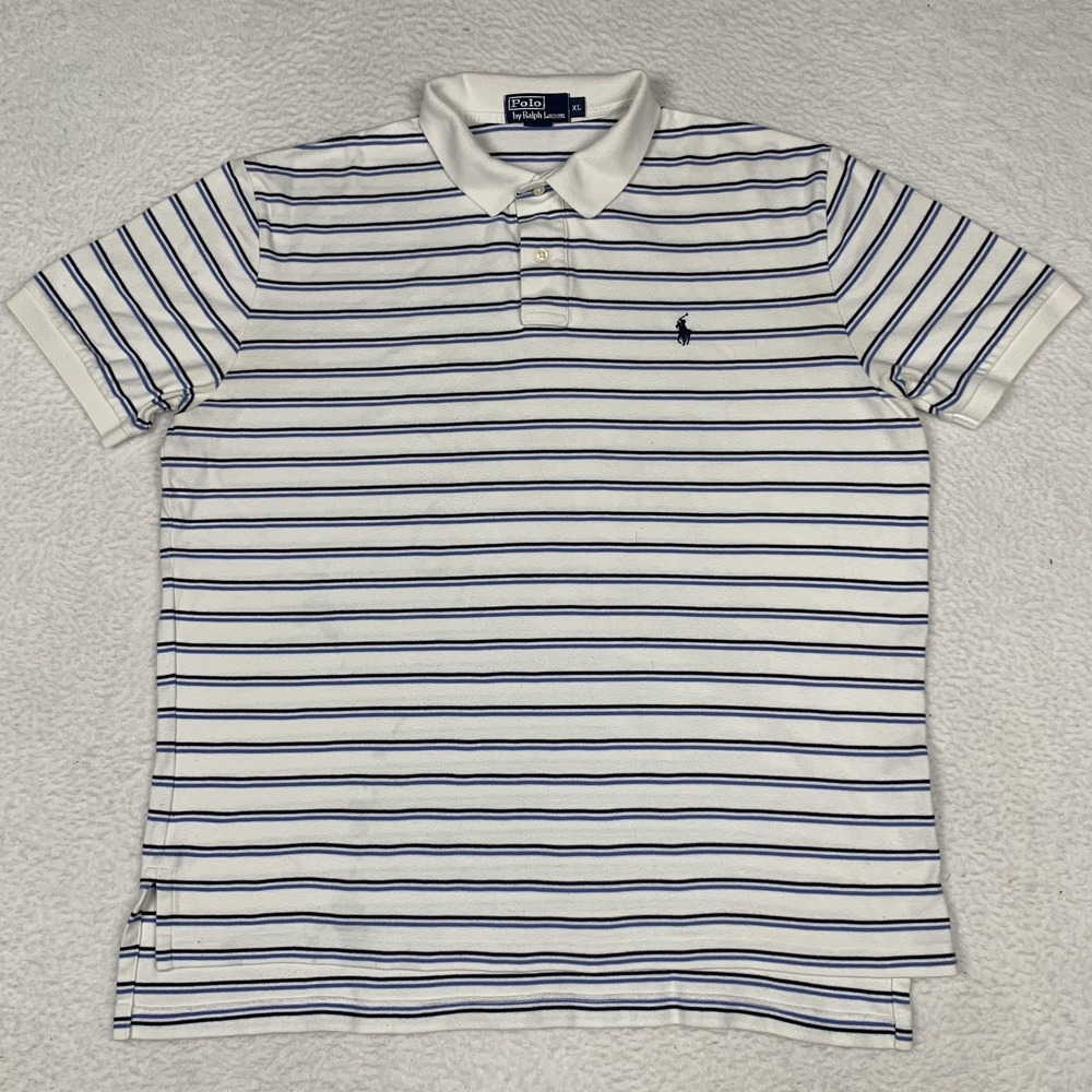VTG Polo Ralph Lauren Polo Shirt Mens XL Navy White Striped Cotton Preppy Casual